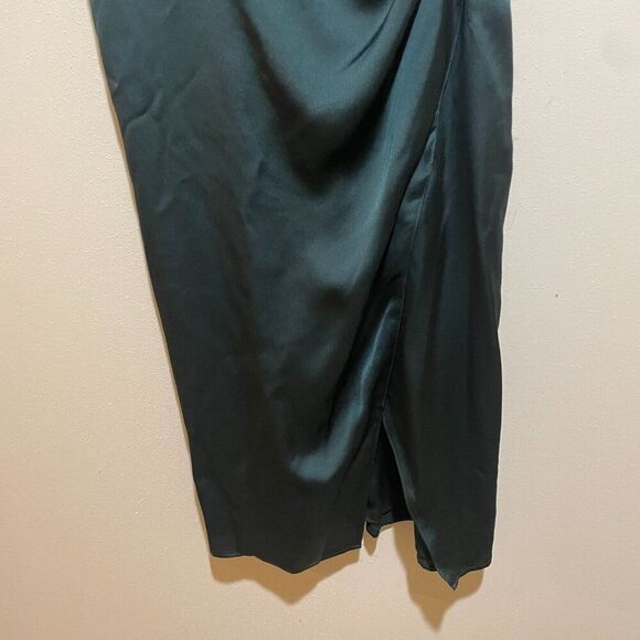 Abercrombie & Fitch Size S Small Dark Green Satin Ruched Slip Dress Side Slit - Picture 6 of 11